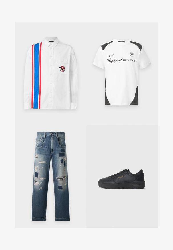 Hvit skjorte med knapper som har et blått og rødt stripete mønster på den ene siden, samt et svart brodert hjelm-patch på brystlommen.; Hvit kortermet T-skjorte med svarte detaljer. Har "REPLAY FC" logo og "Highpeformance" tekst i en sporty skrifttype. Laget av et glatt materiale.; Dongeribukser med slidte lapper og varierende blånyanser, med en rett benkutt og tradisjonell fem-lomme design.; Replay EPIC HIGH - Joggesko - black