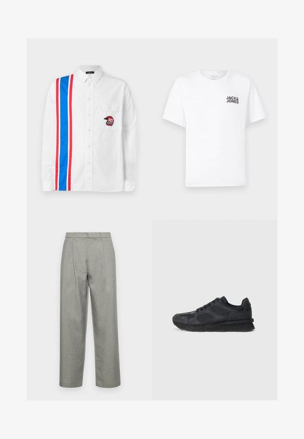 Biela košeľa s button-up zapínaním, ktorá má na jednej strane modro-červený pruhovaný dizajn a čiernu vyšívanú nášivku prilby na vrecku na hrudi.; Biely bavlnený tričko, krátke rukávy, klasický výstrih. Obsahuje čierny textový logotyp "JACK & JONES" na ľavej strane hrudníka. Jednoduchý, hladký dizajn.; Sivé upravené nohavice z textúrovanej tkaniny, so strihom s rovnými nohavicami, prednými záhybmi a štandardným pásom s pútkami na opasok.; Replay ARTHUR ATOM - Tenisky - black