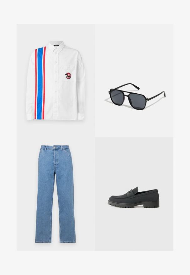 Bela srajca s gumbi, ki ima na eni strani modre in rdeče črtaste vzorce ter črno vezeno nalepko s čelado na prsnem žepu.; Svijetloplave traperice ravnog kroja s klasičnim dizajnom s pet džepova, s prednjim kopčanjem na dugme i petljama za remen. Glatka tekstura.; Črne loafer čevlje z gladkim mat zaključkom, z zaobljenim nosom in debelim, teksturiranim podplatom. Poudarjeni s sprednjim trakom.; Črne sončne naočniki z oktagonalnim okvirjem, temnimi lečami, sijočo površino, tankimi nogicami in zlatimi detajli spredaj.