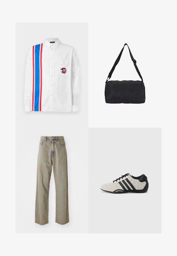 Fehér, gombos ing, amelynek egyik oldalán kék és piros csíkos mintázat található, a mellzsebén pedig fekete hímzett sisakfolt díszíti.; Világosszürke, bő szárú farmernadrág, amely kopott hatású textúrával, látható varrásokkal, valamint hagyományos gombos és cipzáras záródással rendelkezik.; Adidas sportcipő, textúrált, világosszürke felsőrésszel és fekete bőr akcentusokkal. Fekete háromcsíkos logóval és párnázott talppal rendelkezik.; Fekete sporttáska tartós anyagból, texturált logóval, állítható pánttal és cipzáros záródással. Kompakt henger alakú.
