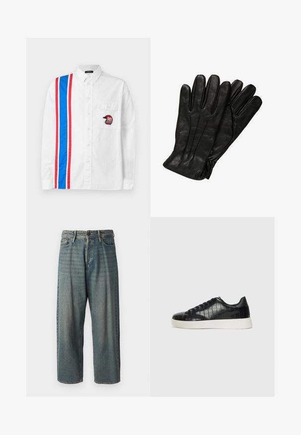 Bílá košile na knoflíky s modro-červeným pruhovaným vzorem na jedné straně a černou vyšívanou nášivkou helmy na náprsní kapse.; Světle modré denimové džíny s volným střihem, středně vysokým pasem a rovnými nohavicemi. Obsahují pět kapes, poutka na opasek a zapínání na knoflík.; Černé tenisky s texturovaným vrškem z kůže s embosovaným hadím vzorem, kulatou špičkou a kontrastní bílou gumovou podrážkou s hladkým povrchem.; Černé kožené rukavice s hladkým povrchem, pěti prsty a jemnými švy. Klasický design, vhodný pro použití v chladném počasí.
