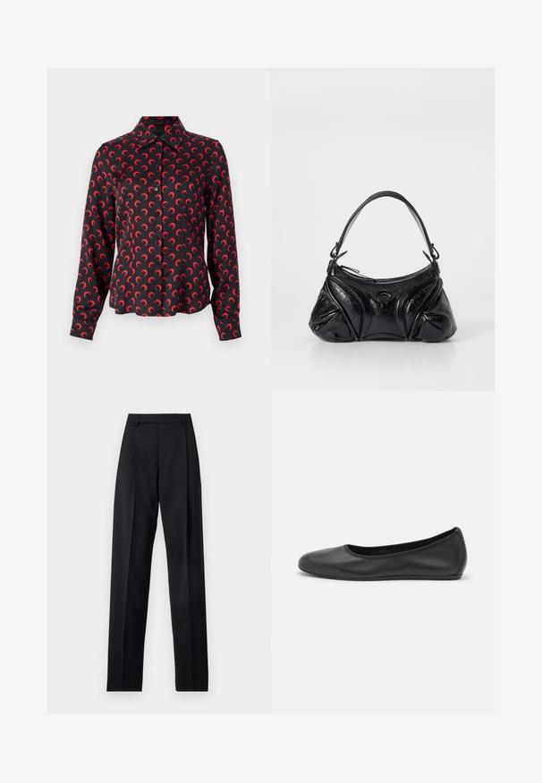 Camisa negra de botones con patrón de media luna roja, de mangas largas, hecha de una tela suave y con un diseño de cuello clásico. Presenta un dobladillo recto.; Pantalones negros de tela suave con cintura alta, piernas amplias, pliegues frontales y lazos de cinturón clásicos. No hay bolsillos laterales visibles.; Bailarina de piel negra con punta redondeada, textura suave, detalle de costura minimalista y diseño de suela flexible.; Bolso negro de piel texturizada con forma redondeada. Cuenta con una fina correa para el hombro y patrones decorativos en relieve.