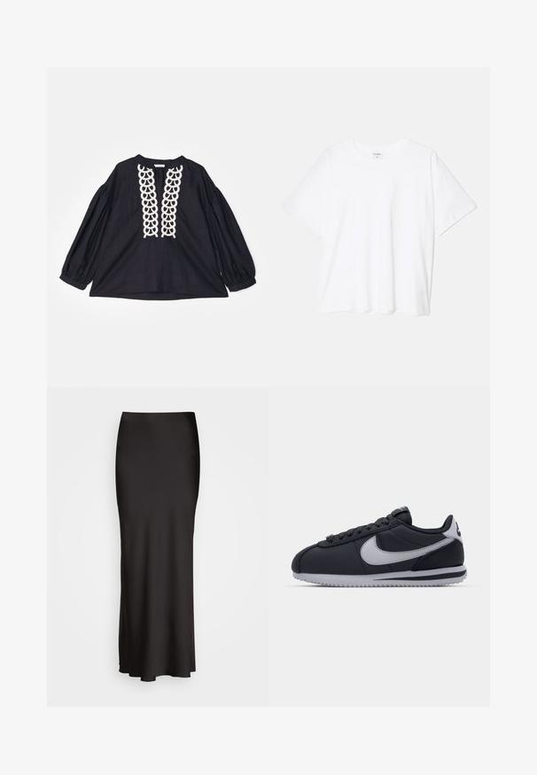 By Malene Birger CADMUS - Blouse - black; T-shirt en coton blanc avec des manches courtes, un col rond, une coupe décontractée et un ourlet cousu. Étiquette visible à l'intérieur du col.; Jupe en satin noire, longue jusqu'au sol, avec une texture lisse, une taille ajustée et une silhouette en A, sans ornements ni motifs visibles.; Chaussure de sport noire avec des accents gris, dessus synthétique lisse, semelle texturée, bout arrondi et lacets plats. Design classique avec un détail de logo.