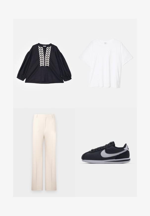 By Malene Birger CADMUS - Blouse - black; T-shirt en coton blanc avec des manches courtes, un col rond, une coupe décontractée et un ourlet cousu. Étiquette visible à l'intérieur du col.; Pantalons beige ajustés avec une coupe droite, fabriqués en tissu léger. Dotés de plis avant et d'une taille classique.; Chaussure de sport noire avec des accents gris, dessus synthétique lisse, semelle texturée, bout arrondi et lacets plats. Design classique avec un détail de logo.