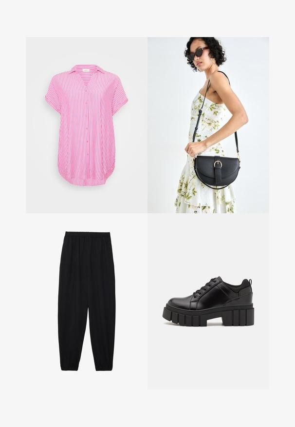 Rozā un baltā svītraina īsām piedurknēm pogājama krekls ar apkakli un noapaļotu apakšu. Mīksts audums ar brīvu, plūstošu dizainu.; Melnas, vieglas bikses ar elastīgu jostu un savilktiem potītiem. Audums ir gluds un to raksturo brīva, sašaurināta forma.; Melnas ādas platformas kurpes ar masīvu bloku papēdi, apaļu purngalu un tradicionālu saistīšanas dizainu. Izceļas ar gludu tekstūru un minimālu apdari.; Melnas ādas rokassoma ar izliekta formu, noņemamu siksnu un zelta aksesuāriem. Somai ir vāciņš ar sprādzes detaļu.