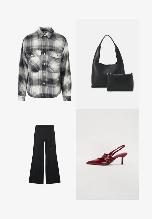 Rutet flannel skjorte i sort, hvid og grå. Har knaplukning foran, to brystlommer og lange ærmer med knapmansjetter.; Sorte brede bukser med en glat tekstur, der har fremadrettede folder og en skræddersyet design. Stofferne er lette og flerdimensionelle.; Røde patenteret læder slingback hæle med spids tå, to spændebånd og en slank, mellemhøj stiletto hæl. Glat tekstur.; Even&Odd Håndtasker - black