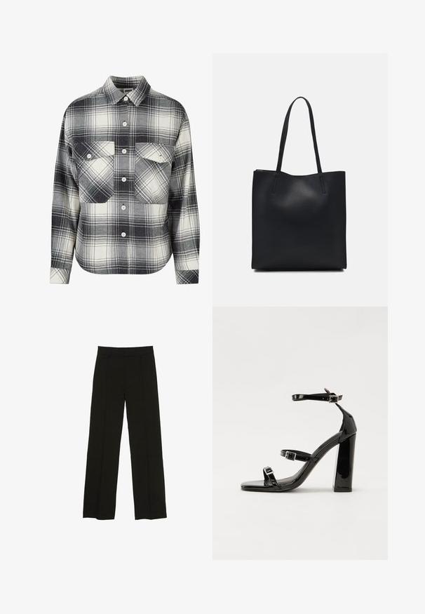 Kostkovaná flanelová košile v černé, bílé a šedé barvě. Obsahuje zapínání na knoflíky vpředu, dvě náprsní kapsy a dlouhé rukávy s knoflíkovými manžetami.; Černé široké kalhoty vyrobené z hladké tkaniny, s dobře padnoucím pasem a jemnými předními klíny pro zvýraznění textury.; Černé lakované sandály na podpatku se čtveratou špičkou, lýtkovými pásky a stříbrnými přezkami. Disponují masivním blokovým podpatkem pro stabilitu.; Černá kožená taška přes rameno s hladkým povrchem, obdélníkovým tvarem a dvěma dlouhými uchy. Žádné viditelné kování ani ozdoby.