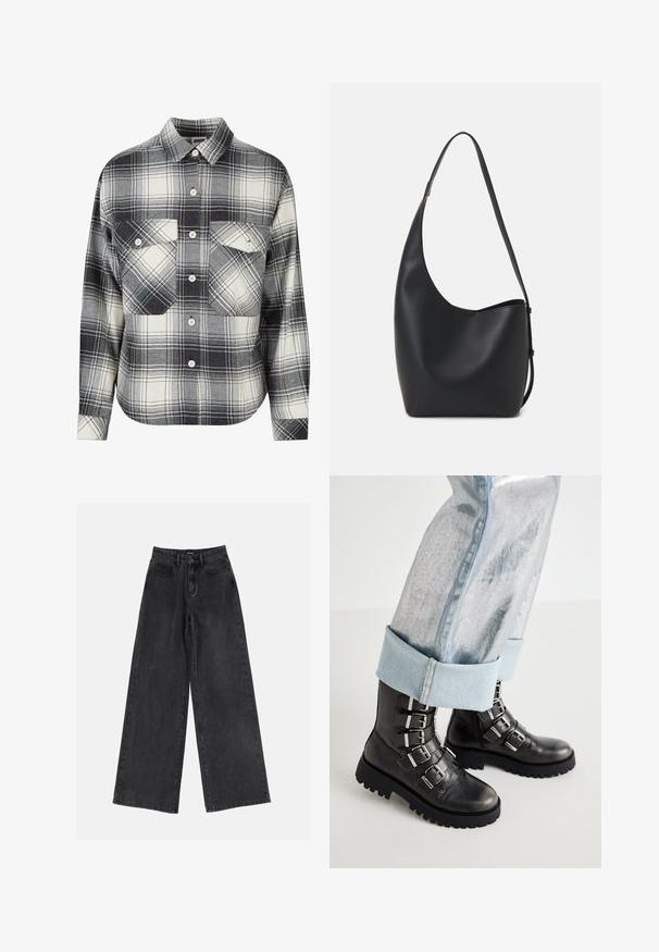 Rute med ruter i svart, hvitt og grått. Har knappelukking foran, to brystlommer og lange ermer med knappemansjetter.; Svart bred ben jeans i denim med høy midje, klassisk fem-lommers design og subtil fading. Holdbart stoff med en jevn tekstur.; Sorte skinnghe ankle boots med fem sølvspenner, en kraftig sort såle, parret med rullet lyseblå metalliske jeans.; Svart lær hobo-veske med glatt tekstur, buet form og enkelt justerbart stropp; har en bred åpning på toppen.