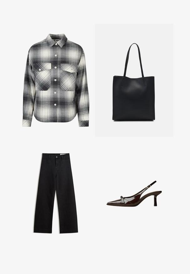 Plaid flannel shirt in black, white, and gray. Features a button-front, two chest pockets, and long sleeves with buttoned cuffs.; Black wide-leg denim pants with a high waist, featuring front and back pockets, stitched seams, and a button closure. Smooth texture.; Brown patent leather slingback shoe with pointed toe, low heel, and a decorative bow accent on the front. Smooth, shiny texture.; Black leather tote bag with smooth texture, rectangular shape, and two long handles. No visible hardware or embellishments.