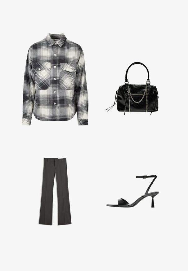 Camicia di flanella a quadri in nero, bianco e grigio. Presenta una chiusura con bottoni, due tasche sul petto e maniche lunghe con polsini bottonati.; Pantaloni grigi a campana in un tessuto morbido, con vita piatta, passanti per la cintura e un design su misura con linee pulite.; Bershka Sandali con tacco - black; Bershka WITH CHAIN - Borsa a mano - black
