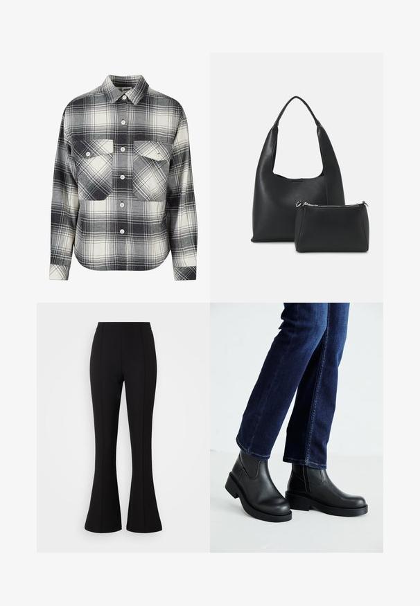 Karirano flanel košulja u crnoj, bijeloj i sivoj boji. Ima prednje dugmadi, dva džepa na prsima i duge rukave s dugmadima na manžetama.; Crne široke hlače izrađene od rastezljivog materijala, s glatkom teksturom, visokim strukom i šavom duž prednjeg dijela.; Crne kožne gležnjače s debelim potplatom i bočnim elastičnim panelima, uparene s tamnoplavim trapericama. Podlogu čini svijetla boja.; Even&Odd Ručna torba - black