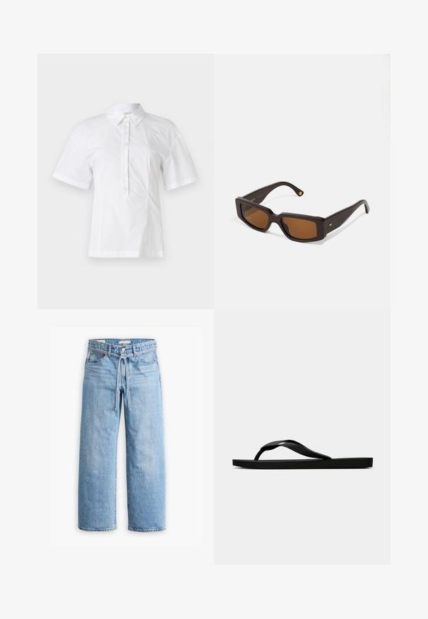 Bluză albă cu mânecă scurtă, cu guler, având un placket frontal decorat cu șase butoane, dintr-un material neted, ușor.; Jeanși cu talie înaltă, de culoare albastru deschis, cu picioare largi, închidere cu nasture și fermoar, și detaliu cu șnur la talie. Terminare brută a marginii.; Sandala flip-flop din cauciuc negru, cu un bretele texturat și o talpă simplă și plată, prezentată din lateral pe un fundal simplu și deschis.; Ochelari de soare dreptunghiulari, de culoare maro, cu un cadru din plastic de culoare maro închis. Au lentile tintate maro și un accent auriu pe tâmplă.; Geantă de mână din piele neagră cu o formă structurată, o textură netedă și o singură curea de umăr. Are un design subtil cu clapetă rotunjită.