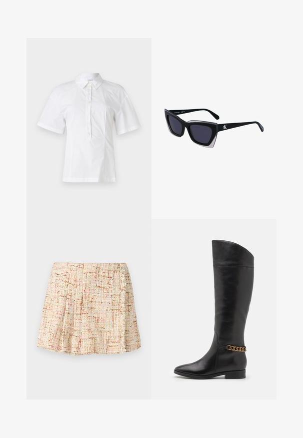 Valge lühikeste varrukatega pluus, millel on kaelus ja esiküljel on kuus nööpi, valmistatud siledast ja kergekangast.; Lühike plisseeritud seelik, mis on tehtud tekstuuriga riidest neutraalsetes toonides, millel on õrnad värvilised täpid. Küljel on fringiäär.; Kõrged mustad nahast saapad, millel on stiilne disain, terav nina ja kuldne kett aktsent pahkluul. Madal plokk-konts. Sile tekstuur.; Mustad suured mustad prillid geomeetrilise kujuga, tumedate läätsedega ja kontrastse halli detailiga raamidel. Logo käe peal.