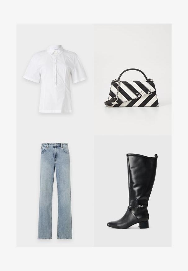 Bílá blůza s krátkým rukávem a límečkem, zdobená předním zapínáním na šest knoflíků, vyrobená z hladkého, lehkého materiálu.; Světlé modré džínové kalhoty širokého střihu. Obsahují zapínání na knoflík a zip, přední kapsy a mírné vyblednutí. Čisté lemy.; Černá kožená vysoká bota po kolena s špičatou špičkou, blocí podpatkem a dekoračním páskem se stříbrným logem poblíž kotníku. Hladký povrch.; Černo-bílá pruhovaná kabelka se strukturovaným tvarem, vybavená horní rukojetí, odnímatelným řetízkem a kovovým logem.