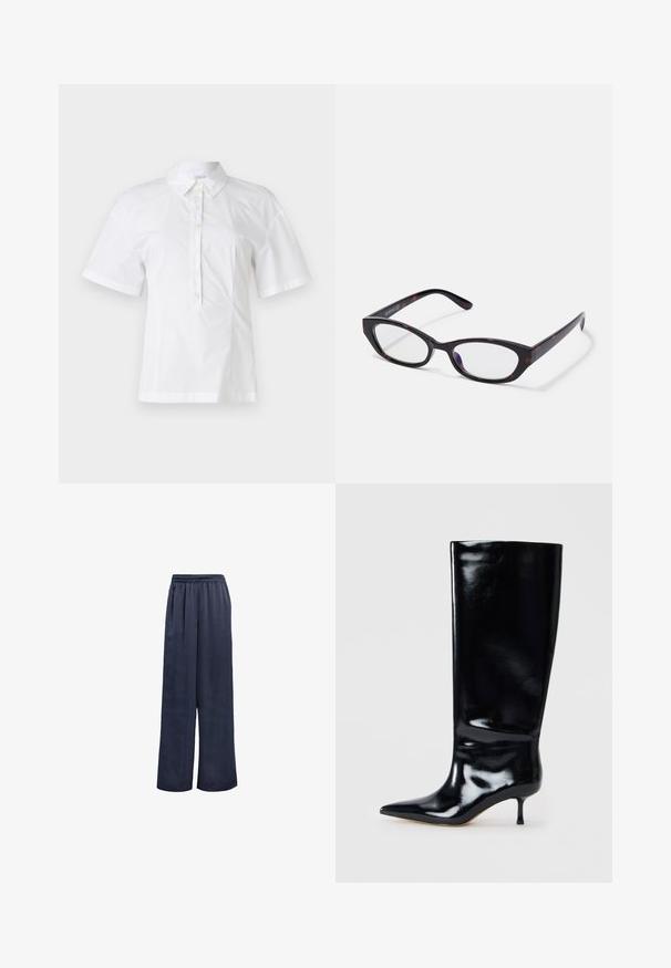 Hvit kortermet bluse med krage, med en frontplacket prydet med seks knapper, laget av glatt, lett stoff.; Marine viddebukser laget av glatt stoff med elastisk midje og uten synlig hardvare. Har en avslappet passform og full lengde.; Knelengde svarte skinnstøvler med glossfinish, spiss tå og slank hæl. Glatt tekstur med minimale designdetaljer.; Kattøyeglauer med en blank mørk skilpaddeplastramme, med buede armer og klare linser. Minimal merking på siden.