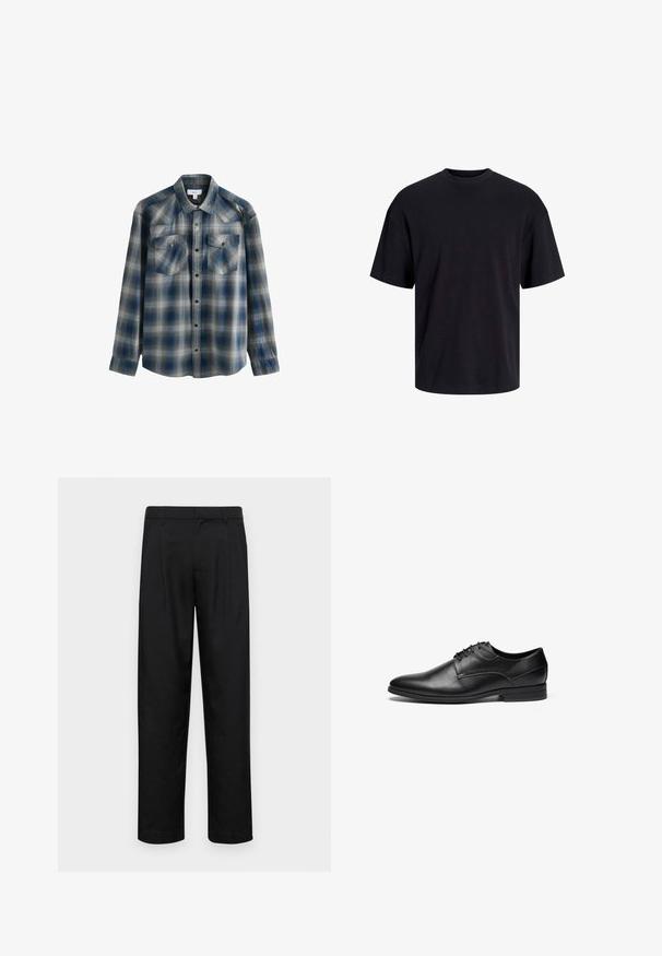 Sinine ja hall ruuduline pikkade varrukatega särk, millel on nupukrae, kaks rindkere taskut ja veidi tuhm tekstuur. Omab nööpkinnitusi.; Must must on mustre, lühikeste varrukatega ja vabalt langev. Sile tekstuur ja ilma nähtavate mustrite või aktsentideta.; Mustad mustadest riietest, millel on sirge jalgade disain, kaks eesmist voltimist ja tavaline vöökoht, millel on vöökohad.; Must musta kingad sileda tekstuuriga, ümarate varvaste ja nelja auguga paeltesse seotud disainiga. Omab madalat virnastatud kontsa ja õmblemise detaile.