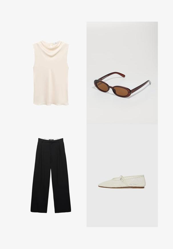 Beżowy bezrękawnik z miękkim, drapowanym dekoltem i dziurką z tyłu. Gładki materiał z delikatnym połyskiem.; Szerokie czarne spodnie wykonane z gładkiego materiału. Posiadają zaszewki z przodu, pas z szlufkami na pasek oraz dopasowaną sylwetkę.; Jasno beżowe baleriny z siateczki z ostrym noskiem i regulowanym paskiem. Posiadają teksturowaną górę oraz brązową, płaską podeszwę.; Okrągłe, brązowe okulary przeciwsłoneczne z błyszczącą bordową oprawą. Cienkie ramiona z subtelnym detalem marki. Płaski kształt soczewek.