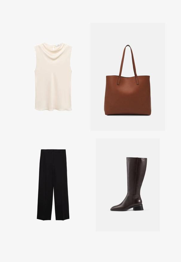 Sleevless, elfenbenfarvet top med en blød, draperet udskæring og en nøglehulslukning bagpå. Glat stof med en subtil glans.; Sorte brede bukser med en glat stof, der har folder foran og sidelommer, designet med en lige, afslappet pasform.; Brune læderstøvler til knæene med en glat overflade, rund tå og en stablet sort hæl. Simpelt design med minimale hardwaredetaljer.; Brun læder tote taske med en glat overflade, åben topdesign og to skulderremme. Har minimal syning og ingen synlig hardware.
