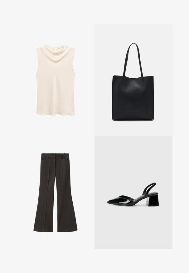 Sleevless, elfenbenfarvet top med en blød, draperet udskæring og en nøglehulslukning bagpå. Glat stof med en subtil glans.; Sorte flagrende bukser med høj talje; har to forlommer og en glat stofstruktur. Egnet til forskellige anledninger.; Sorte patentlæder slingback hæle med spids tå og en geometrisk blok hæl. Har et elegant, minimalistisk design og en glat tekstur.; Sort læder tote taske med glat tekstur, rektangulær form og to lange hanke. Ingen synlig hardware eller udsmykninger.