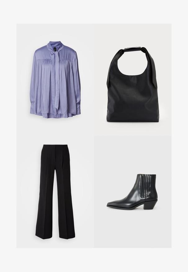 Bluză de culoare lavandă deschisă, realizată dintr-un material neted și mătăsos. Prezintă un guler cu fundă legată și un design pliat. Mâneci lungi cu tivuri strânse.; Pantaloni negri dintr-un material neted, având talie înaltă, croială largă și două plii frontale pentru un detaliu de design suplimentar.; Cizme negre din piele, până la gleznă, cu vârful ascuțit, panouri elastice pe laterale cu striații verticale și toc mic, de tip bloc. Textură netedă și design elegant.; Geantă hobo din piele neagră, cu un singur mânere moale și rotunjit; are o textură fină și un design minimalist. Fără accesorii sau detalii vizibile.