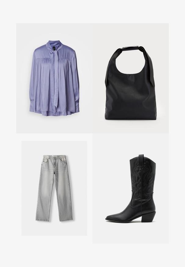 Svetlo lavanda bluzica iz gladkega, svilnatega materiala. Ima ovratnik z vezanim mašnjim in nabranim dizajnom. Dolgi rokavi z nabranimi manšetami.; Svetlo srebrn jeans z ravnim krojem, ki ima dva sprednja žepa, zapiranje na gumb in subtilno zbledelost za teksturo.; Črne usnjene kavalirske čevlje s koničastim nosom, embosiranimi valovitimi vzorci in srednje visokim peto. Imajo zanko za enostavno obuvanje.; Črna usnjena torba hobo z enim mehkobnim, okroglim ročajem; ima gladko teksturo in minimalističen dizajn. Brez vidnih kovinskih delov ali poudarkov.