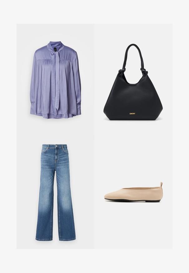 Lys lavendelbluse lavet af glat, silkeagtig stof. Har en sløjfebåndskrave og plisseret design. Lange ærmer med sammensnørede manchetter.; Lysblå denim bredbenede jeans med høj talje, der har fem lommer, bæltesløjfer og en subtil falmeffekt mod kanten.; Beige læder balletflade med lav profil, rund tå og sort gummisål, udsmykket med en lille bagkrog for lettere påklædning.; Sort læder tote taske med en struktureret overflade, knyttede håndtagsdetaljer og guldlogo ved bunden. Har en afslappet silhuet.