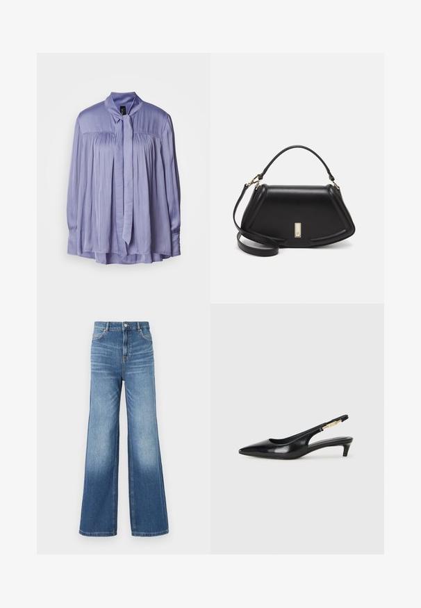 Light lavender blouse made of smooth, silky fabric. Features a tied bow collar and pleated design. Long sleeves with gathered cuffs.; Light blue denim wide-leg jeans with a high waistband, featuring five pockets, belt loops, and a subtle fade effect towards the hem.; Black leather slingback heels with a pointed toe, featuring a slim heel and a gold-tone accent on the adjustable strap. Smooth texture.; Black leather handbag with a structured design, featuring a cropped shape, top handle, and gold hardware accent. Adjustable shoulder strap included.