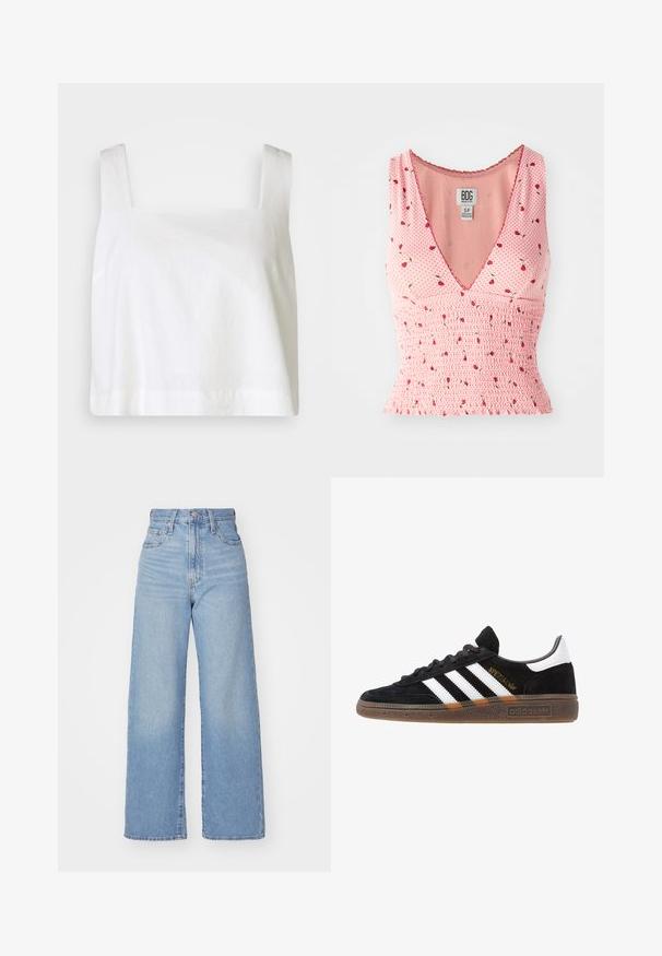 Valge linane lühike topp, millel on ruudukujuline kaelus, laiad õlapaelad ja mugav lõige, millel on sile tekstuur ja puhas serv.; Roosa ilma varrukateta topp V-kaelusega, kus on smockimise detailid ja lillemuster. Väikesed punased lilled on hajutatud täppide taustale.; Heledad sinine kõrge vöökohaga laiad teksad, ees nupp ja tõmblukk, ees ja taga taskud, valge tausta peal.; Mustad must Adidas'i sneaker valgete triipudega, kuldse "Spezial" tekstiga, kummi tallaga ja valge kontsaga, kujutatud külgvaates.