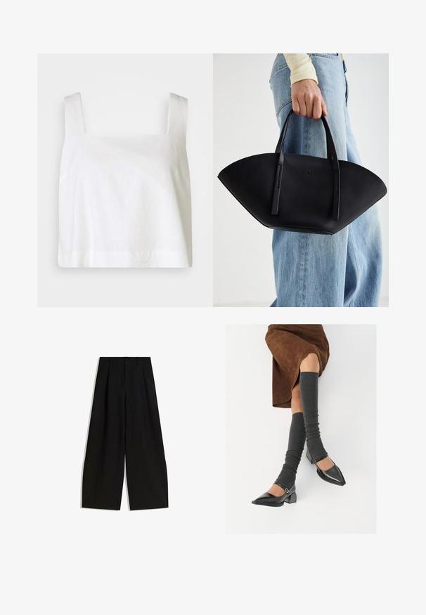 Top scurt din in alb, cu decolteu pătrat, bretele late și un croi lejer, având o textură netedă și un tiv curat.; Pantaloni negri cu croi larg, confecționați dintr-un material satinat, cu talie înaltă, pliseuri în față și fără embellishments sau modele vizibile.; Pantofi negri din piele lacuită, cu vârful ascuțit, toc bloc și curea la glezna, asortați cu jambiere gri cu nervuri și o fustă din suede maro.; Geantă de piele neagră cu o formă unică de evantai, având mânere plate. Suprafața are o textură cu mici granule și un design minimalist.