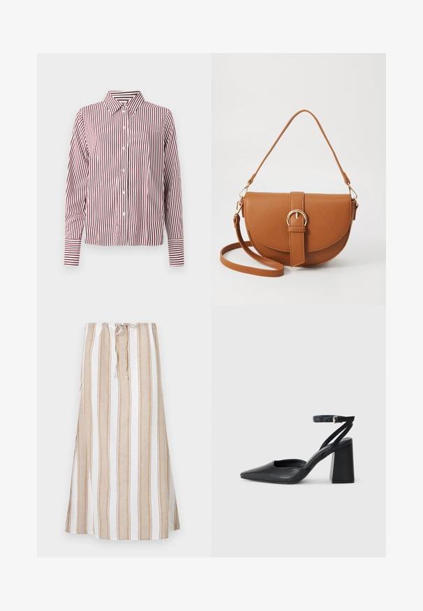 Rödrandig och vit långärmad skjorta med krage, knappar framtill och kontrasterande randiga manschetter. Slät, vävd tyg.; Randig kjol i vitt och ljusbrunt, med dragsko i midjan och en lång, flödande design. Tillverkad av lätt material med lös passform.; Svart läderpumps med spetsig tå, ankelrem och kraftig klack. Slät textur, stilren design och minimalistisk estetik.; Brun läder crossbody-väska med en böjd form, gyllene detaljer och en spänneaccent. Har en avtagbar axelrem.