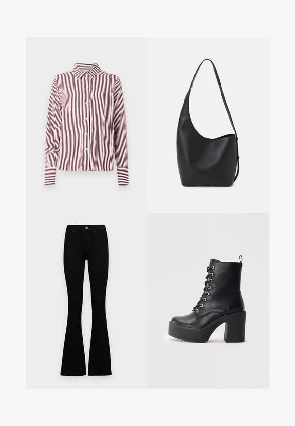 Červené a biele pruhované tričko s dlhým rukávom, s golierom, gombíkmi pozdĺž predného dielu a kontrastnými pruhovanými manžetami. Hladká, tkaná látka.; Čierne vysoké nohavice s gombíkom a zipsom, predné vrecká a rozšírené nohavice položené na bielom pozadí.; Čierne kožené členkové topánky s objemným blokovým podpätkom, šnurovaním vpredu a textúrovým povrchom. Obsahuje pútko na zadnej strane pre jednoduché obúvanie.; Čierna kožená hobo taška so hladkou textúrou, zakriveným tvarom a jedným nastaviteľným popruhom; má široké otvorenie na vrchu.