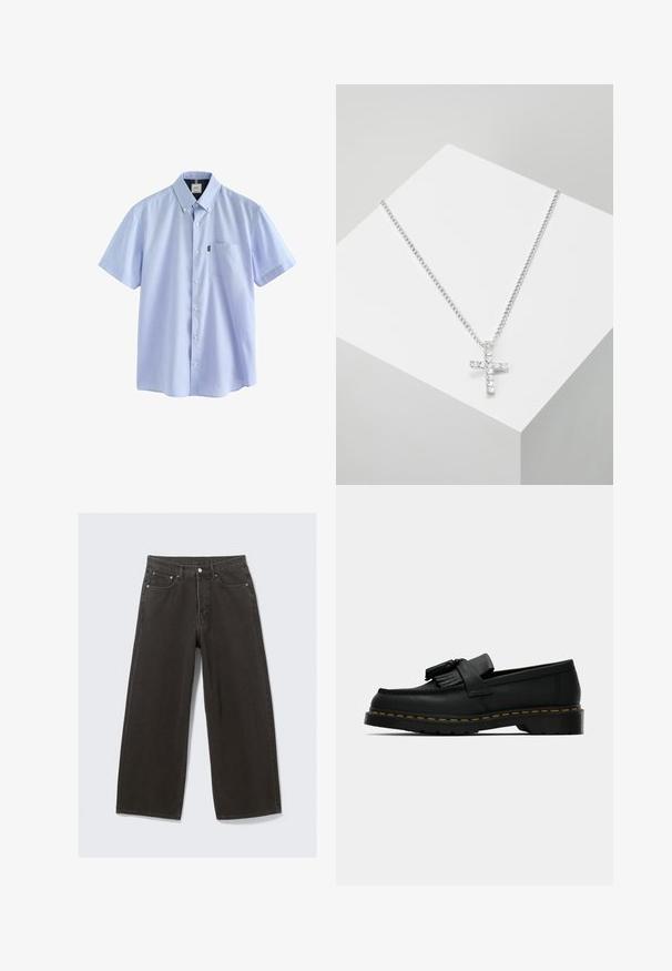 Next BUTTON DOWN OXFORD SHORT SLEEVE - REGULAR FIT - Overhemd - pale blue; Witte katoenen tanktop met een ronde halslijn, brede schouderbanden en een rechte zoom, met een gladde textuur en zonder zichtbare patronen.; Wijdbenige zwarte denim jeans hebben een hoge taille, vijf zakken en een knoopsluiting. De stof heeft een zachte, gestructureerde afwerking.; Zwarte leren instapper met kwastjes, gele stiksels langs de zool en een dikke, gegroefde rubberen buitenzool.; Urban Classics CROSS NECKLACE - Ketting - silver-coloured