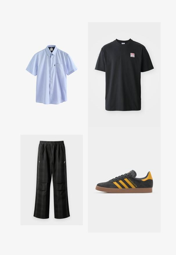 Next BUTTON DOWN OXFORD SHORT SLEEVE - REGULAR FIT - Majica - pale blue; Crna pamučna majica s okruglim izrezom, kratkim rukavima i malom obojenom etiketom na lijevoj strani prsiju na kojoj piše "SUPERIOR."; Crne karirane hlače s elastičnom urezom, dva prednja džepa i ležernim krojem s ravnim nogavicama. Izrađene su od laganog materijala.; Crne nubuk tenisice s žutim detaljima, sa tri pruge i smešnim gumenim potplatom. Imaju jastučić na jeziku za udobnost.