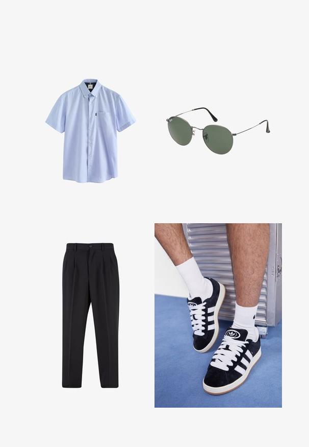 Next BUTTON DOWN OXFORD SHORT SLEEVE - REGULAR FIT - Overhemd - pale blue; Zwarte broek met een geplooid design aan de voorkant, gemaakt van soepel stof. Voorzien van een knoopsluiting en riemlussen; rechte pasvorm.; Zwarte suède sneakers met witte veters en drie witte strepen. Heeft een cirkelvormig zwart logo op de tong en een gumrubberen zool.; Metalen zonnebril met ovale groene lenzen. Dunne zilveren metalen rand en zwarte oorstoppers. Minimalistisch ontwerp, zonder zichtbare logo's.