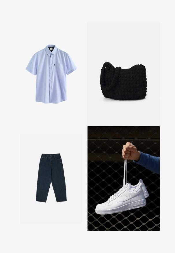 Next BUTTON DOWN OXFORD SHORT SLEEVE - REGULAR FIT - Pluus - pale blue; Tumedad sinised kõrge vöökohaga teksad, millel on lõtv istuvus, viie tasku ja nööpidega sulgemine. Valmistatud siledast denimist.; Valged nahast tennisetossud, millel on perforatsioonid, ümar nina, lame tallus ja paksud nöörid, nähtava swooshi logoga ja "AIR" kontsadel.; Must mustkott, millel on tekstuuriga tikitud muster. Ümar kuju, lühikesed ja jämedad sangad ning pehme, paindlik struktuur.