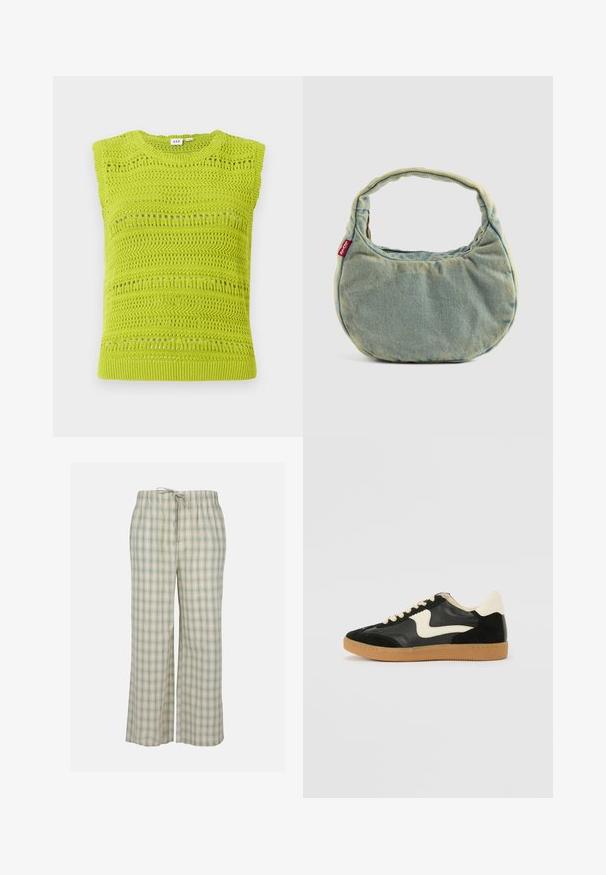 Top sem mangas de malha em verde limão vibrante, com padrões texturizados e detalhes de rendado. Apresenta um decote redondo e bainha canelada.; Calças de pijama em xadrez verde e branco, feitas de um tecido suave, apresentam uma cintura elástica com cordão e pernas largas e descontraídas.; Sapatilha em camurça e couro pretos com um swoosh lateral em creme e um calcanhar em creme claro. Apresenta atacadores bege e uma sola de borracha tipo gum.; Bolsa de denim azul clara com alça curta acolchoada e pequeno rótulo vermelho da Levi's na lateral, sobre um fundo plain.