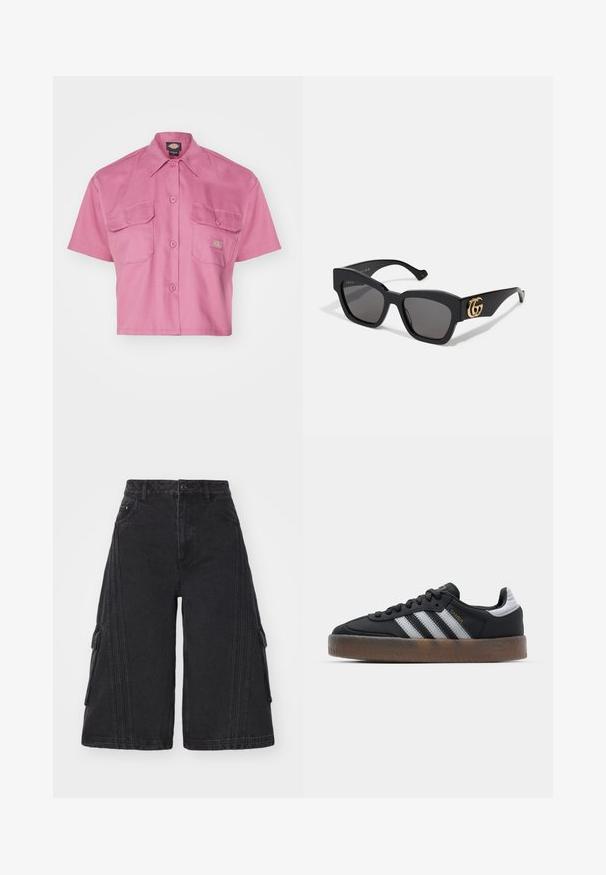 Dickies WORK CROPPED - Cămașă - mellow mauve; adidas Originals CAPRI - Pantaloni scurți din denim - black; Adidași negri cu un design elegant, având trei dungi albe, o limbă neagră și o talpă din cauciuc maro texturată. Detalii cu litere aurii.; Ochelari de soare dreptunghiulari negri cu lentile întunecate, având logo-ul GG auriu pe lateral. Realizați din plastic lucios cu brațe drepte.