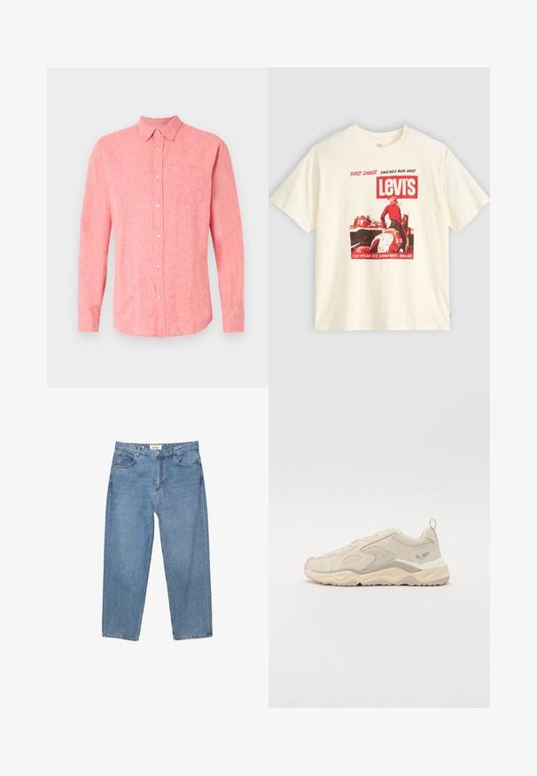 Dlhý rukáv košele v svetloružovom ľanovom prevedení s gombíkovým zapínaním vpredu, s jedným náprsníkovým vreckom a klasickým golierom. Mäkká textúra s voľným strihom.; Krémové bavlnené tričko s červenou grafickou potlačou a logom „Levi's“ a westernovou scénou. Krátke rukávy a okrúhly výstrih.; Svetlomodré džíny z denimu so strihom rovného nohavice, dizajnom s piatimi vreckami a viditeľnou značkovou etiketou na páse.; Béžové plátenné tenisky s priedušnými akcentmi, textúrovanými prekrytím a robustnou podrážkou. Majú zadný ťahací pútko a svetlo sivé detaily.