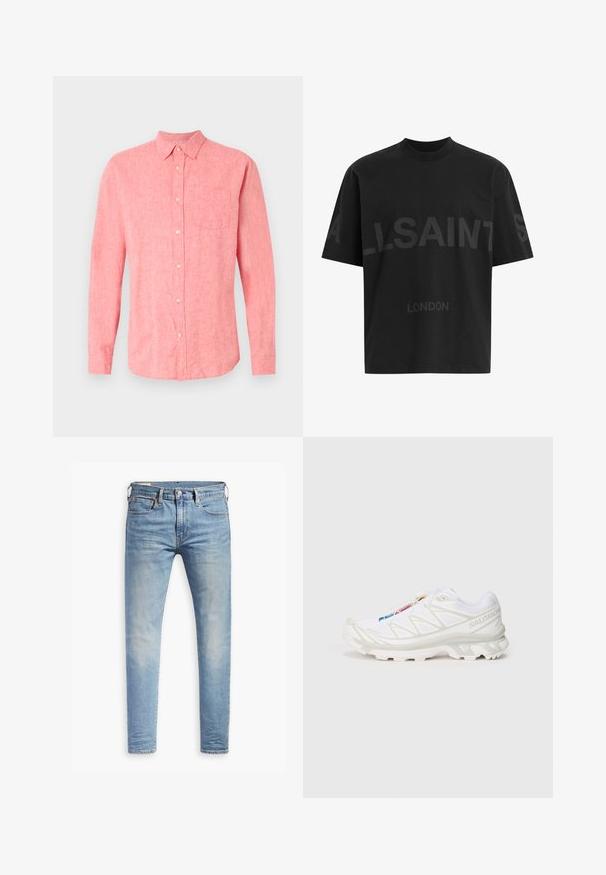 Langærmet skjorte i lys pink linned med knaplukning foran, enkelt brystlomme og klassisk krave. Blød tekstur med en afslappet pasform.; Sort oversized T-shirt med mørkegrå "ALLSAINTS" tekst på tværs af brystet og "LONDON" i mindre bogstaver nedenfor.; Lyseblå slim-fit jeans med let slid på lårene, frontlukning med knap, bæltestropper og fem lomme-design på en hvid baggrund.; Hvid sportssko med tekstureret mesh-overdel, reflekterende detaljer og en polstret sål. Bemærkelsesværdigt mærke-logo på siden.