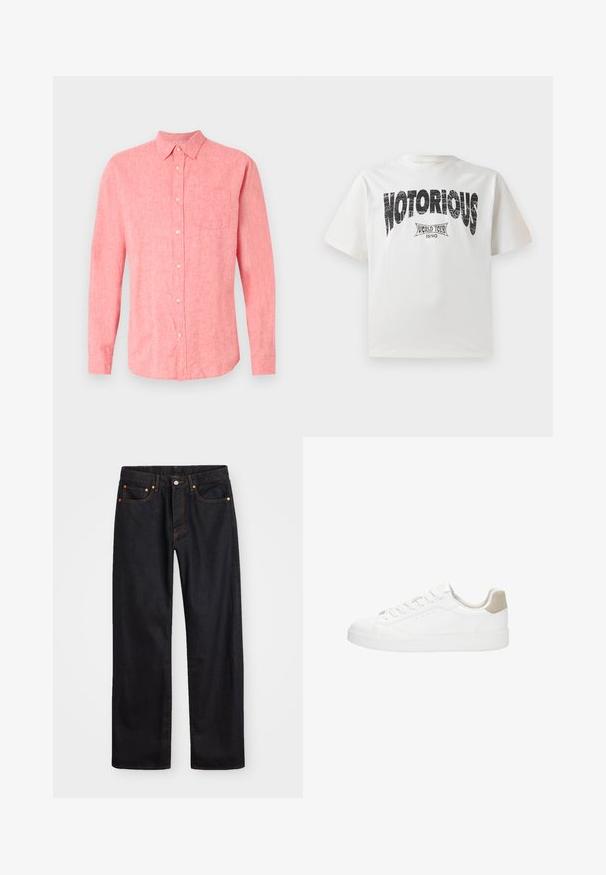 Langarmhemd aus leichtem pinkfarbenem Leinen mit durchgehender Knopfleiste, einer Brusttasche und klassischem Kragen. Weiche Textur mit lässiger Passform.; Weißes Baumwoll-T-Shirt mit kurzen Ärmeln, das eine auffällige schwarze "NOTORIOUS" Grafik und das Design "WORLD TOUR 1990" darunter in verwittertem Druck zeigt.; Herren gerade geschnittene schwarze Jeans aus Denim mit fünf Taschen und orangefarbenen Nähten, Knopf- und Reißverschluss vorne am Bund.; Weiße Sneakers mit einem glatten Leder-Obermaterial und runder Zehenpartie. Merkmale sind eine sandfarbene Suede-Fersenpartie, flache Schnürsenkel und eine weiße Gummisohle.