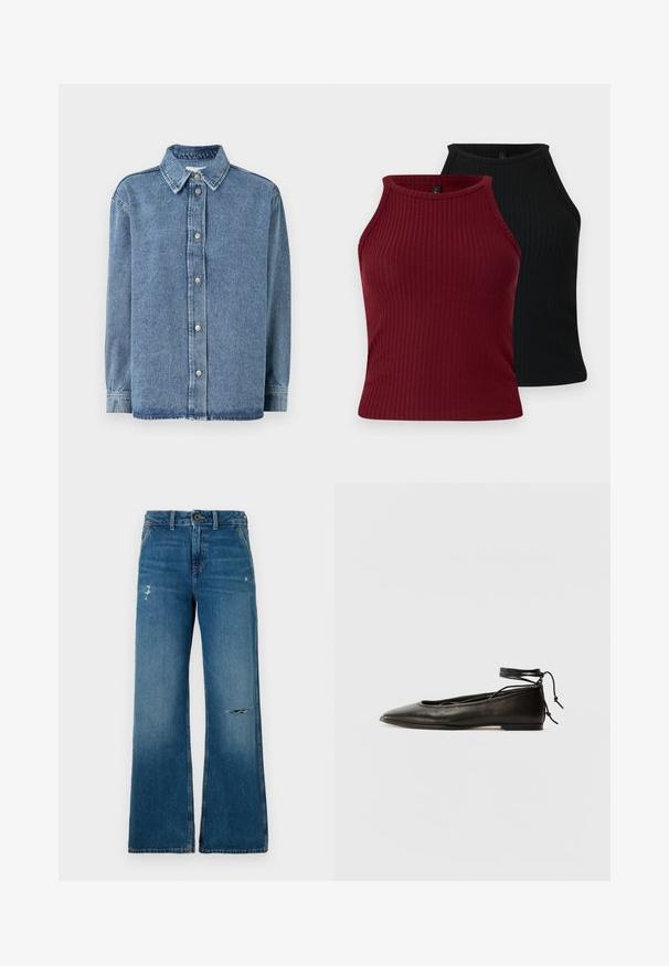Gaiši zils džinsa krekls ar garām piedurknēm, pogu aizdare priekšpusē, norādīta apkakle un brīva piegriezuma. Mīksta tekstūra ar minimālu šuvju detaļu.; Divas divi T-krekli: viens bordo un viens melns. Abi ir ar augstu kakla izgriezumu, pieguļošu formu un gludu tekstūru.; Zilas džinsu platās kājas bikses ar padziļinātu tekstūru, kurām ir divas nolietotas vietas priekšpusē, pogu aizdare un piecu kabatu dizains.; Melnas ādas baleta kurpes ar smailu purngalu, potītes saitēm un plakanu zoli, kas izceļas ar gludu tekstūru un minimālistisku dizainu.