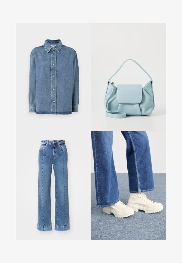 Camisa de ganga azul clara com mangas longas, fecho frontal com botões, colarinho pontiagudo e um ajuste descontraído. Textura suave com um detalhe de costura mínimo.; Jeans de ganga azul claro, de perna larga e cintura alta, com bolsos frontais e detalhes cosidos. A bainha está enrolada e cosida.; Ténis brancos de cano alto com solas grossas e estriadas e detalhe de logótipo circular, usados com jeans de ganga de perna larga em azul claro.; Bolsa de mão de couro azul claro com alça superior, bolso frontal com aba e alça de pulso destacável, em fundo branco.