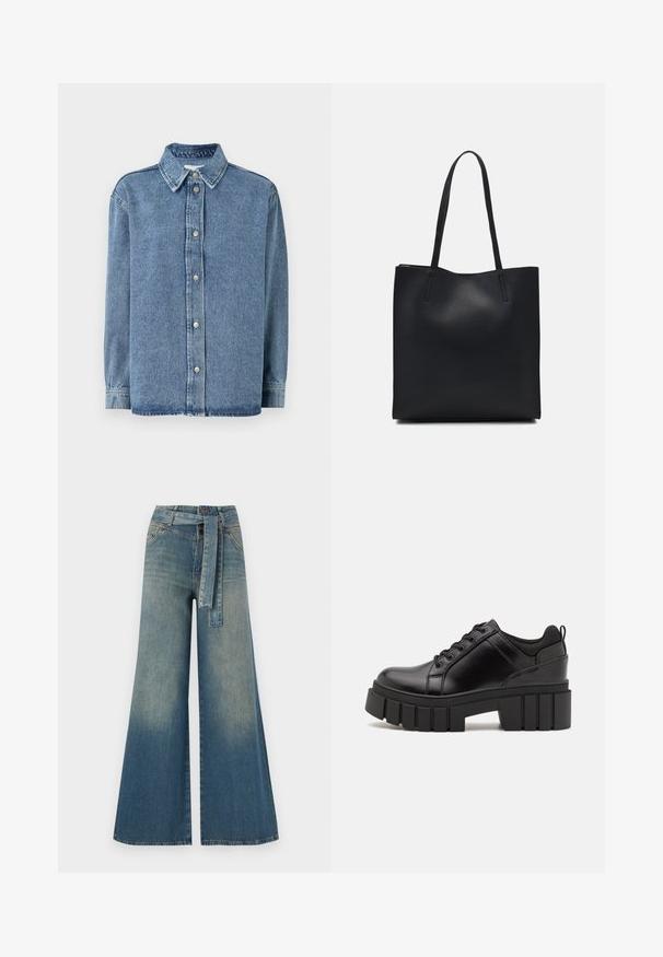 Džínová košeľa svetlo modrej farby s dlhými rukávmi, zapínaním na gombíky vpredu, špicatým golierom a voľnejším strihom. Mäkká textúra s minimálnymi detailmi šitia.; Džínsy s širokými nohavicami, ktoré majú prechod od svetlomodrej po tmavomodrú, vysoký pás, pútka na opasok a opasok z rovnakého materiálu. Textúrovaný denimový povrch.; Čierne kožené platformy s masívnym blokovým podpätkom, okrúhlou špičkou a tradičným šnurovaním. Má hladký povrch a minimálne detaily.; Čierna kožená taška na rameno s hladkým povrchom, obdĺžnikovým tvarom a dvoma dlhými uchami. Bez viditeľného kovania alebo ozdôb.