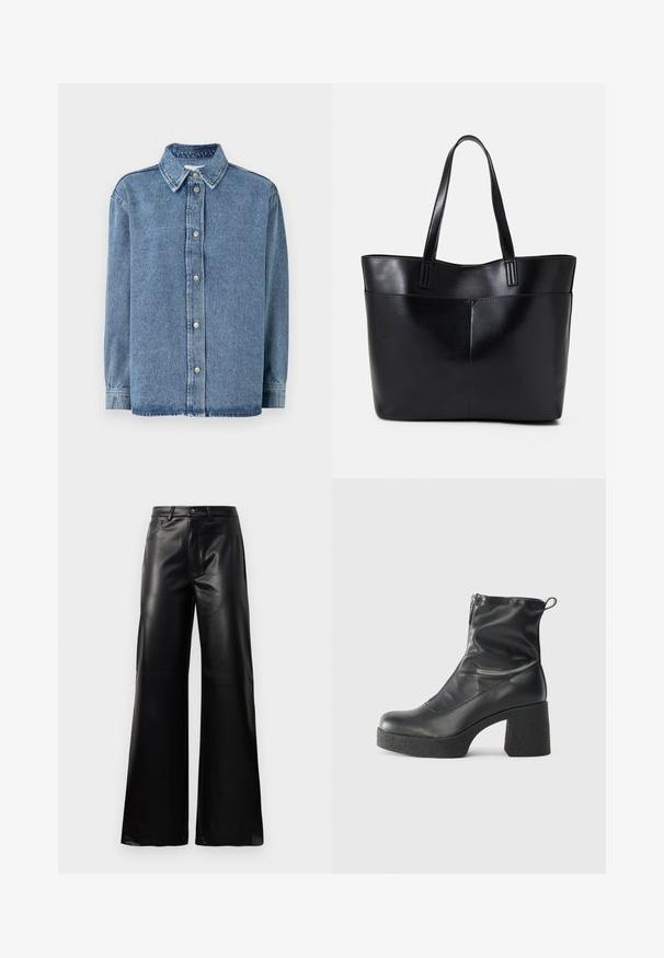 Denim shirt in light blue with long sleeves, button front closure, pointed collar, and a relaxed fit. Soft texture with minimal stitching detail.; Black high-waist wide-leg faux leather pants with front button, zip closure, belt loops, and side pockets on white background.; Black ankle boots made of smooth leather, featuring a side zipper, chunky textured heel, and rounded toe design.; Black leather tote bag with two long handles, a smooth texture, and a structured shape. Features a front pocket for additional storage.