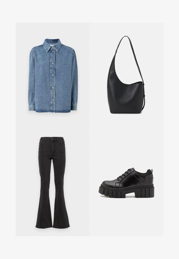 Világoskék farmering, hosszú ujjú, gombos elülső záródással, hegyes gallérral és laza fazonnal. Puha tapintású, minimális varrási részletekkel.; Fekete farmer anyagú harang szabású nadrág, magas derékkal, oldalsó varrással és letisztult szegéllyel. Az anyag sima tapintású, enyhe rugalmassággal.; Fekete bőr platform cipők vaskos blokk sarkakkal, kerek orral és hagyományos fűzős kialakítással. Simára csiszolt felület és minimális részletezés jellemzi.; Fekete bőr hobo táska sima textúrával, ívelt formával és egyetlen állítható pánttal; széles nyílás található a tetején.