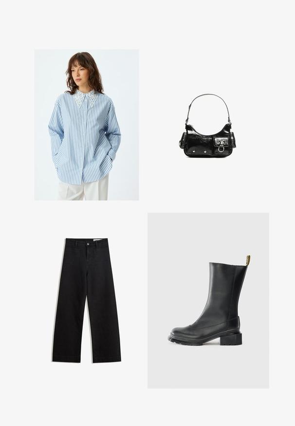 Jasnoniebieska koszula w białe paski z guzikami i dekoracyjnym białym koronkowym kołnierzykiem. Posiada długie rękawy i luźny krój.; Czarne dżinsowe spodnie o szerokich nogawkach i wysokim stanie, z przednimi i tylnymi kieszeniami, przeszyciami oraz zapięciem na guziki. Gładka struktura.; Czarne skórzane botki za kostkę na słupku, o gładkiej fakturze, z okrągłym noskiem i pętelką z tyłu z żółtą marką.; Czarna torebka z lakierowanej skóry o zaokrąglonym kształcie, z jednym paskiem na ramię, przednimi kieszeniami i akcentami w kolorze srebrnym.