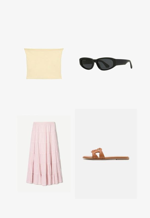 Beige stretch fabric tube top with smooth texture and simple design. Flared edges and no visible hardware or patterns.; Light pink, tiered maxi skirt made of a textured, lightweight fabric. Elastic waistband and flowing hem with ruffled accents.; Tan leather slide sandal featuring crossed straps, flat sole, and minimalistic design. Smooth texture with no visible patterns or hardware.; Black sunglasses with a sleek, angular design. Made of plastic, featuring dark lenses and a smooth, glossy texture. No notable accents.