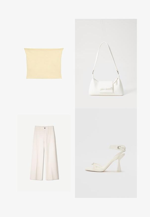 Top tube in tessuto elasticizzato beige con una texture liscia e design semplice. Bordo svasato e senza hardware o motivi visibili.; Pantaloni larghi color crema con design sartoriale, dotati di due tasche frontali e una chiusura con bottone anteriore, realizzati in tessuto liscio.; Sandalo con tacco alto e fasce in pelle bianca, dal design elegante, con un tacco a blocco trasparente e un elemento decorativo sulla punta.; Borsa sintetica bianca a forma triangolare, con patta anteriore piatta e dettaglio a fiocco, tracolla regolabile, texture liscia e design minimalista.