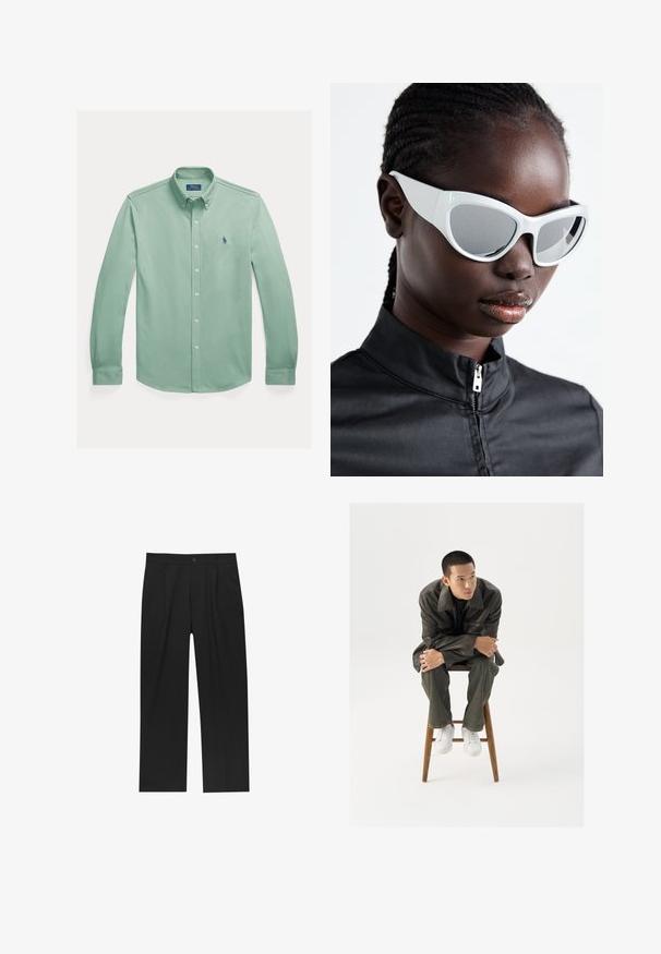 Svetlozeleno button-up srajco iz bombaža. Ima klasičen ovratnik, dolge rokave in izšit logotip na prsih.; Črne hlače z ravnim krojem, narejene iz gladkega materiala. Imajo sprednje gube in enojno zaponko na pasu.; Rjav usnjen jopič s širokim ovratnikom, v kombinaciji s temno zelenimi kavbojkami in belimi športnimi čevlji. Model sedi na lesenem stolu.; Bele sončna očala z drznim, prenapolnjenim dizajnom in ogledalnimi lečami, ki imajo gladke plastične okvirje in poudarjene krivulje.