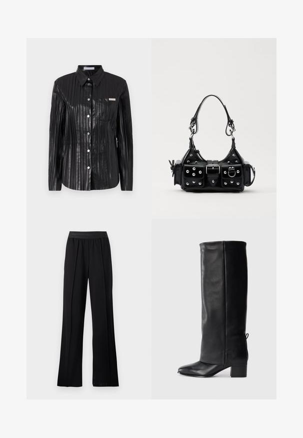 Must mustriga särk vertikaalsete ribade tekstuuriga, pikad varrukad, terav krae, esipaneelil nupud ja väike rinna tasku.; Mustad laiad püksid, valmistatud siledast kangast ja venitava vöökohtaga. Omavad voldikuid, mis lisavad mahtu ja voolu, ilma nähtavate mustrite või aktsentideta.; Mustad mustad, millel on sile viimistlus, ruudukujuline varvas, plokk-konts ja küljel vajalikud paela detailid reguleeritavaks sobivuseks.; Must värvi nahast käekott, millel on kaarjas disain, hõbedased nupukesed, kinnitusahe ja kaks külgtaskut. Reguleeritav rihm erinevate kandmisvõimaluste jaoks.